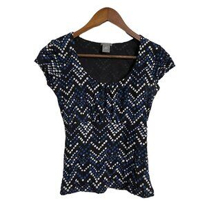 Ann Taylor Womens Blue Black Chevron Polka Dot Y2K Ruched Cap Sleeve Blouse XSP